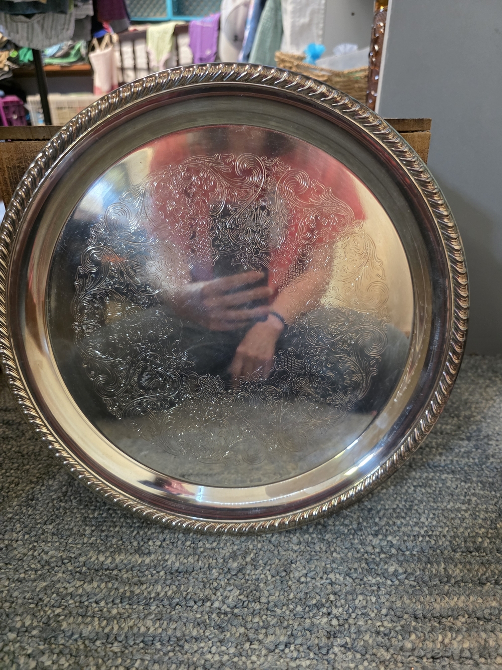 Vintage Wm Rogers Silver Decorative Engraved Round Tray